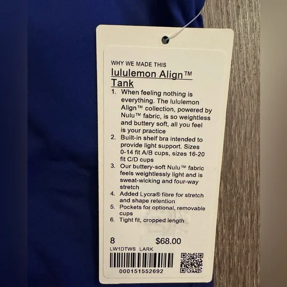 New Lululemon Align tank top, royal blue, size 8. Larkspur. - Picture 6 of 9